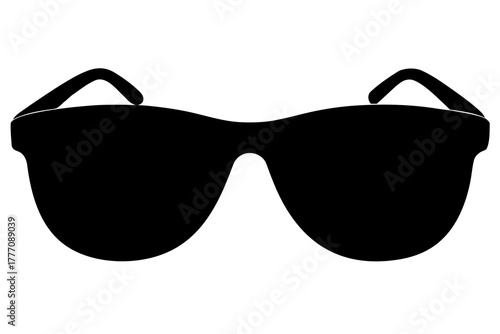 A simple black silhouette of modern sunglasses with thick frames and dark lenses isolated on a white background representing style and protection silhouette