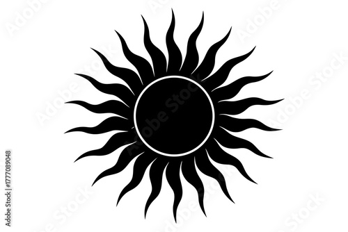 A stylized black sun with a circular center and flame like rays radiating outwards presented as a bold graphic silhouette on a white background representing celestial power and energy
