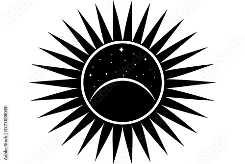 Stylized celestial body with sharp rays representing a sun or star featuring a crescent moon and stars within its circular core presented in a bold black silhouette