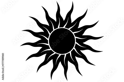 A striking black silhouette of a stylized sun with sharp flame like rays emanating from a central circular disc representing celestial power and energy silhouette