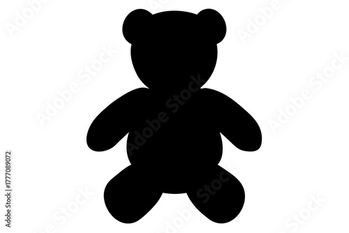 A simple bold black silhouette of a classic teddy bear with rounded ears and limbs isolated on a clean white background representing childhood comfort and nostalgia silhouette