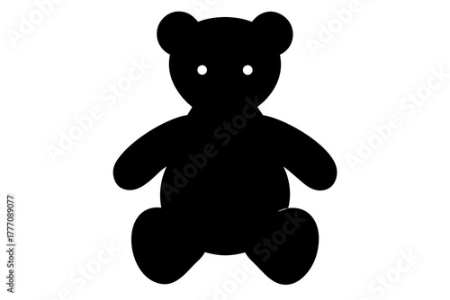 A simple black silhouette of a classic teddy bear with two white dots for eyes sitting upright against a plain white background representing childhood and comfort silhouette