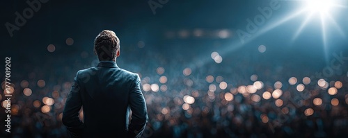 Back view of motivational speaker on stage concept. Business leader giving inspiring speech to large audience.