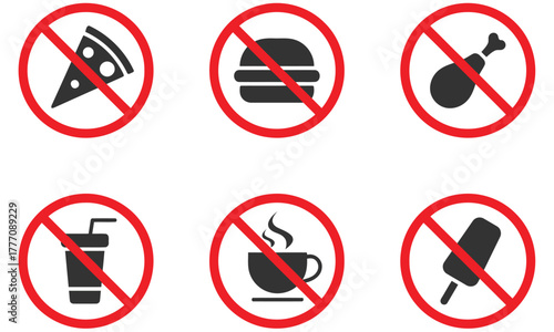 No food allowed symbols fast food forbidden icon set flat vector illustration
