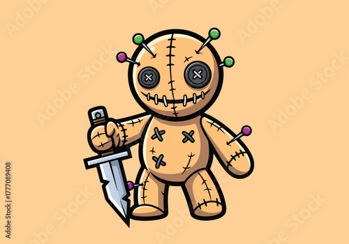 Creepy voodoo doll holding a sharp knife gaming logo - Gaming logo - Gaming Mascot - esport mascot vector illustration