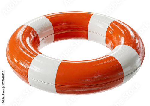 Orange and white striped life preserver ring, isolated on a black background