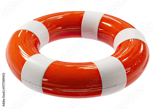 A bright orange and white life preserver ring, floating with a slight shadow