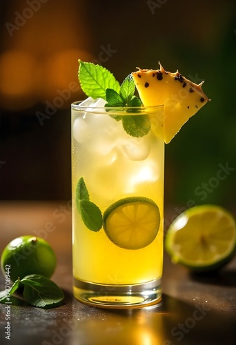 Refreshing pineapple mojito cocktail with pineapple wedges and mint leaves