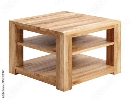 Square, light-wood coffee table with two shelves, simple design against a black backdrop