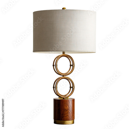 Elegant table lamp on black, warm wood base, two golden rings, and beige cylindrical shade