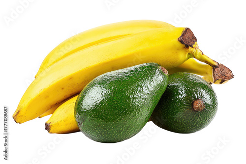 Bright yellow bananas beside two green avocados on a transparent background