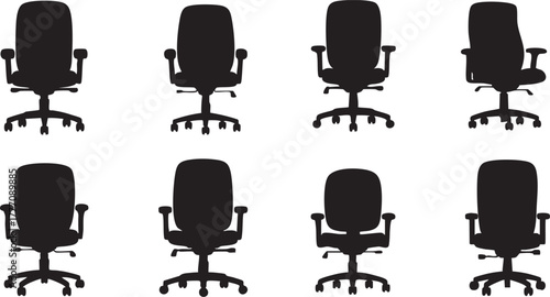 Illustration of a collection of office chairs, arranged in a grid pattern, showcasing ergonomic design and comfort