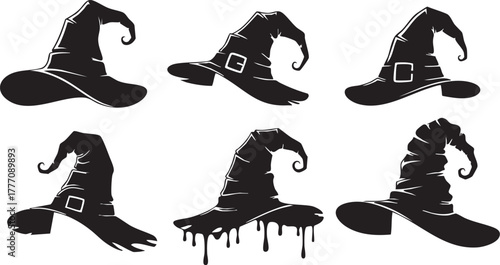 Illustration of collection of witch hats in black color for halloween celebration and decoration in vector format