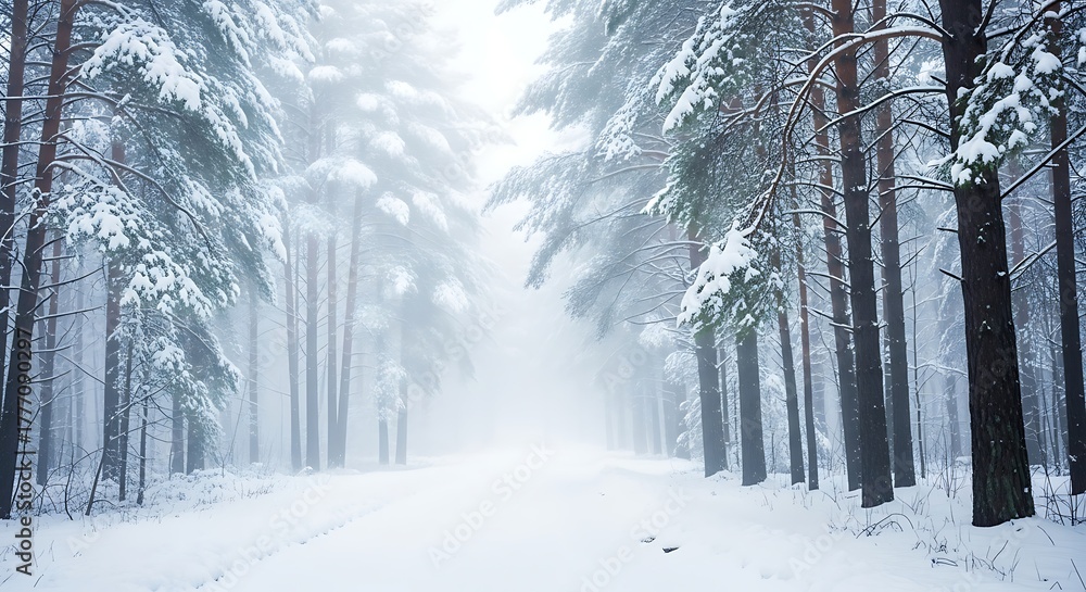 Naklejka premium Winter Serenity Snow-Covered Road Through a Forest