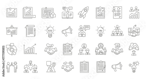 Set of hand drawn vector icons of people and business elements in doodle style