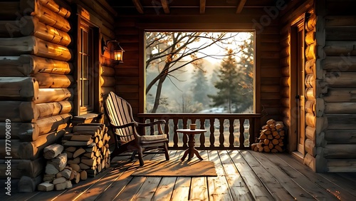 Old wooden cabin porch with a vintage chair, small table, and stacked firewood. Warm light highlighting rustic textures, creating a nostalgic, cozy mountain atmosphere