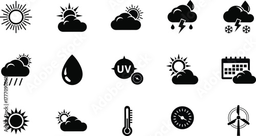 Weather forecast icon set. Rainy, storm, snow, cloudy, sunny, windy, day, night, summer, winter, line, label, collection, logo, symbol, black, flat vector