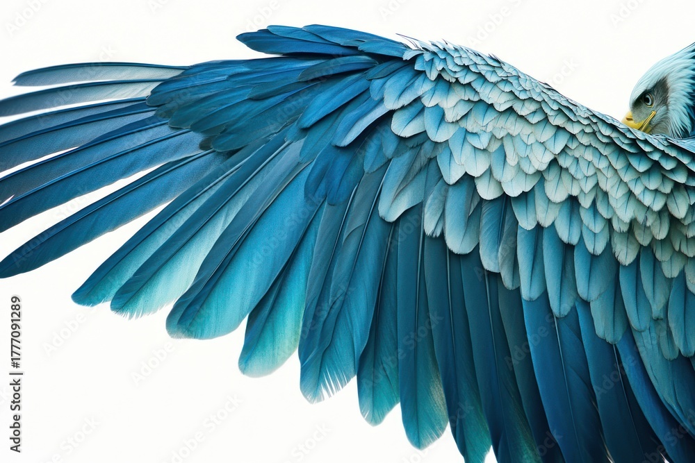 Obraz premium Close-up view of an eagle wing showing blue feathers against a white backdrop