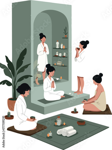 Calm Women Meditating Spa Retreat Relaxing Wellness Activities