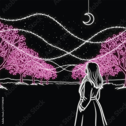 A woman gazing at a nighttime scene with illuminated cherry blossom trees and a crescent moon.
