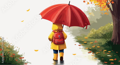 Child in Yellow Raincoat Holds Red Umbrella Walking on Autumn Path
