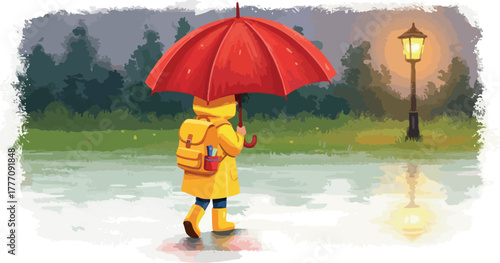 Child With Red Umbrella Walks In Rain Yellow Coat Green Park
