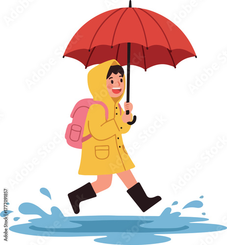 Child In Yellow Raincoat With Red Umbrella Jumps In Puddles