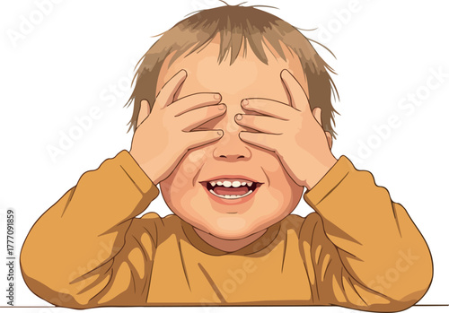 Child Playing Peekaboo Covering Eyes Smiling Joyfully Isolated White Background