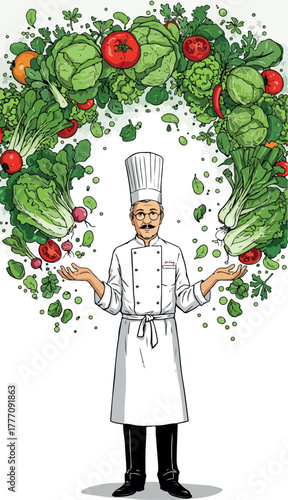 Chef With Fresh Greens And Tomatoes In A Circle