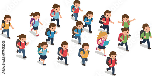 Children Running With Backpacks Minimal Flat Design Illustration