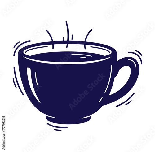 Stylized hand drawn illustration of a steaming hot coffee or tea cup on a white background