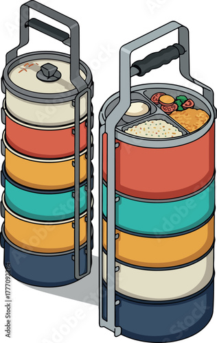 Colorful Stackable Food Carriers With Various Dishes Isolated On White Background