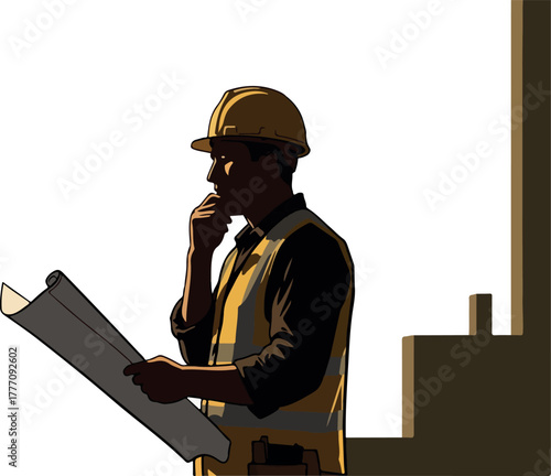 Construction Worker Looking At Blueprints White Background