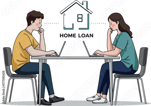 Couple Applying for Home Loan Online with Laptops at Table White Background