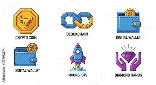 Crypto and NFT Vector Branding Elements, blockchain links and diamond hands for crypto projects
