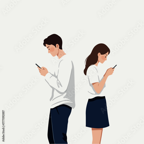 Couple Ignoring Each Other While Staring at Phones Minimal Illustration