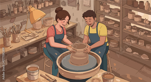 Couple Making Pottery Together on Wheel in Workshop Studio