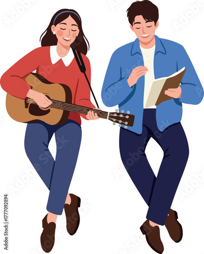 Couple Playing Guitar And Reading Book Together In Casual Outfits