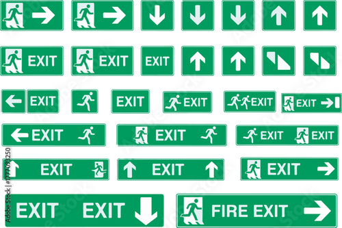 International standard collection of green emergency fire exit signs and directional safety arrows