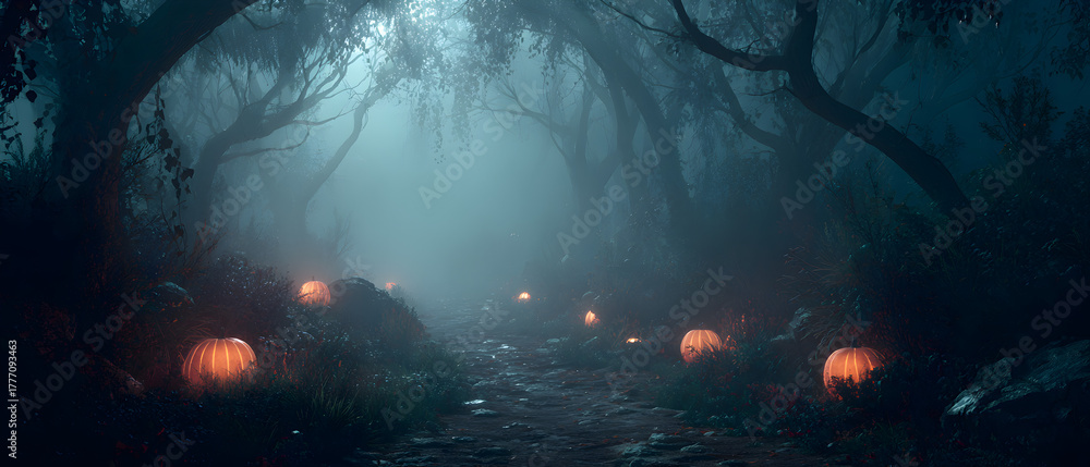 Fototapeta premium Mysterious Forest Path Lined with Glowing JackoLanterns on Halloween Night.