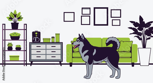 Stock illustration of husky dog in living room vector design art