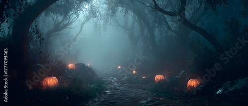 Mysterious Forest Path Lined with Glowing JackoLanterns on Halloween Night.