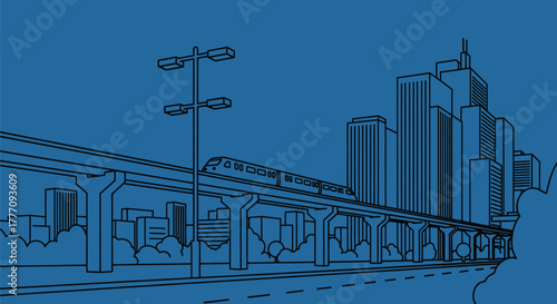 Cityscape blueprint with train and buildings vector illustration
