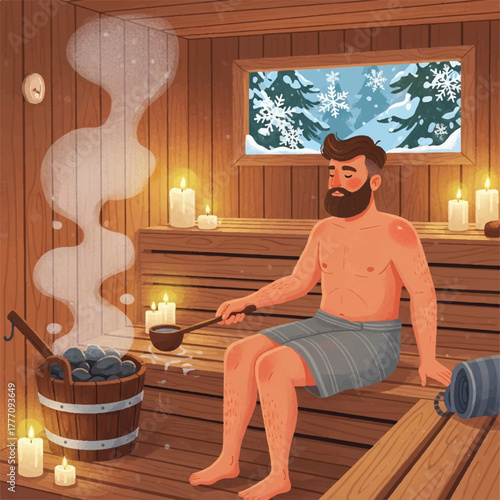 A man relaxing in a warm sauna, enjoying the heat and steam with candles.