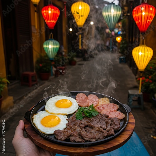 hot plate of bo ne (Vietnamese sizzling steak and eggs) with a thin steak, fried eggs, pate, and Vietnamese sausage, arriving at a table in a Hoi An alley. The dramatic steam and vibrant colors are il