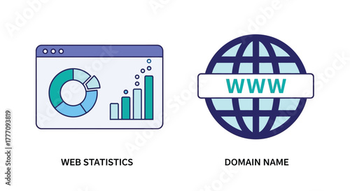 Vector illustration of illustration depicting web statistics with a pie chart and bar graph, alongside a domain name globe
