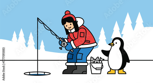 Ice fishing cartoon illustration winter scene with penguin and fish