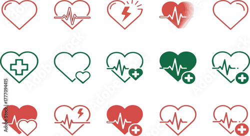 Set of Cardiology and Healthcare Heart Icons with Pulse ECG Line and Medical Cross Symbols