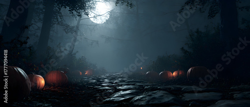 Mysterious Halloween Night Path Lined with Glowing Pumpkins Under a Full Moon.