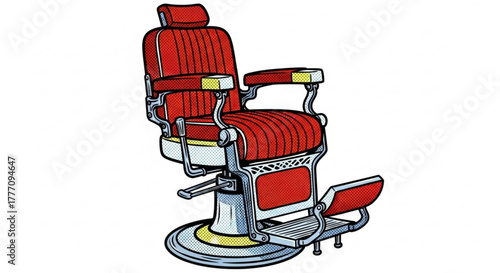 Vintage barber shop chair with red upholstery and chrome accents  
